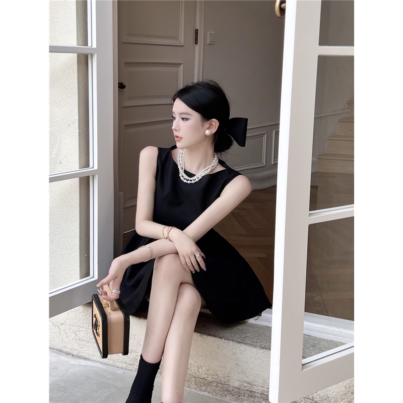 Đầm Chữ A Sát Nách Cổ Tròn Dáng Rộng Màu Đen Phong Cách Pháp Thời Trang Mùa Hè Cho Nữ