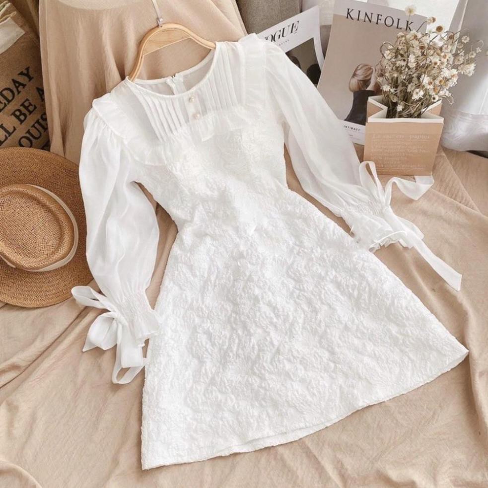 Váy đầm trắng dự tiêc tay dài dún bồng nhẹ nhàng thanh nhã SONAITI