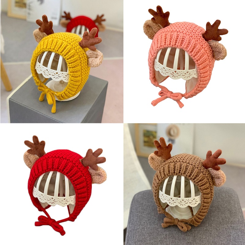 Mũ beanie giữ ấm tai chống gió kèm dây đeo hình tuần lộc dễ thương cho bé sơ sinh