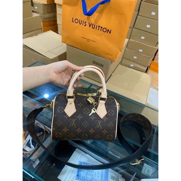 Túi xách đeo chéo da thật cao cấp - Túi L.V trống hoa nâu size 20cm fullbox