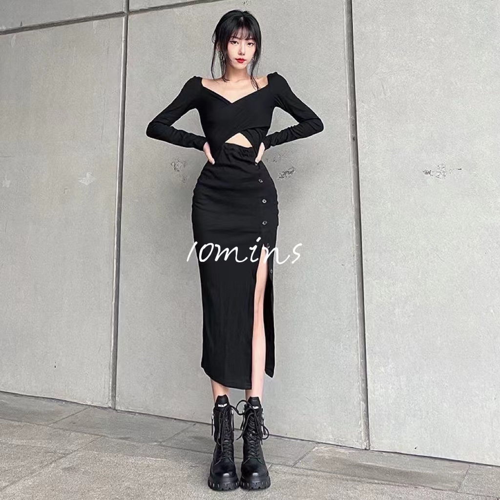 Đầm Dài Vừa Phải Có Khóa Cài Chéo Hở Lỗ Không Đều Thiết Kế Rỗng Cho Nữ 2022 Mới
