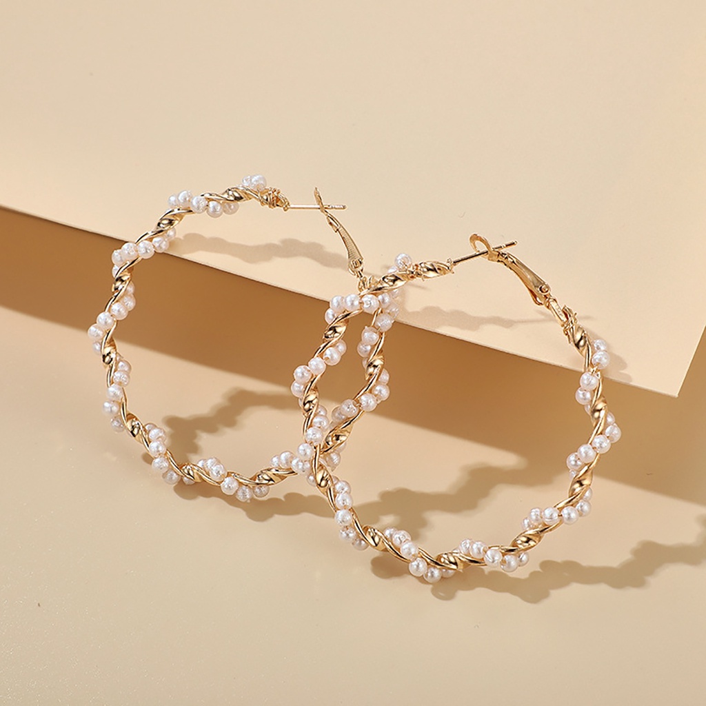 Đôi khuyên tai vòng tròn xoắn đính ngọc trai giả thời trang cho nữ