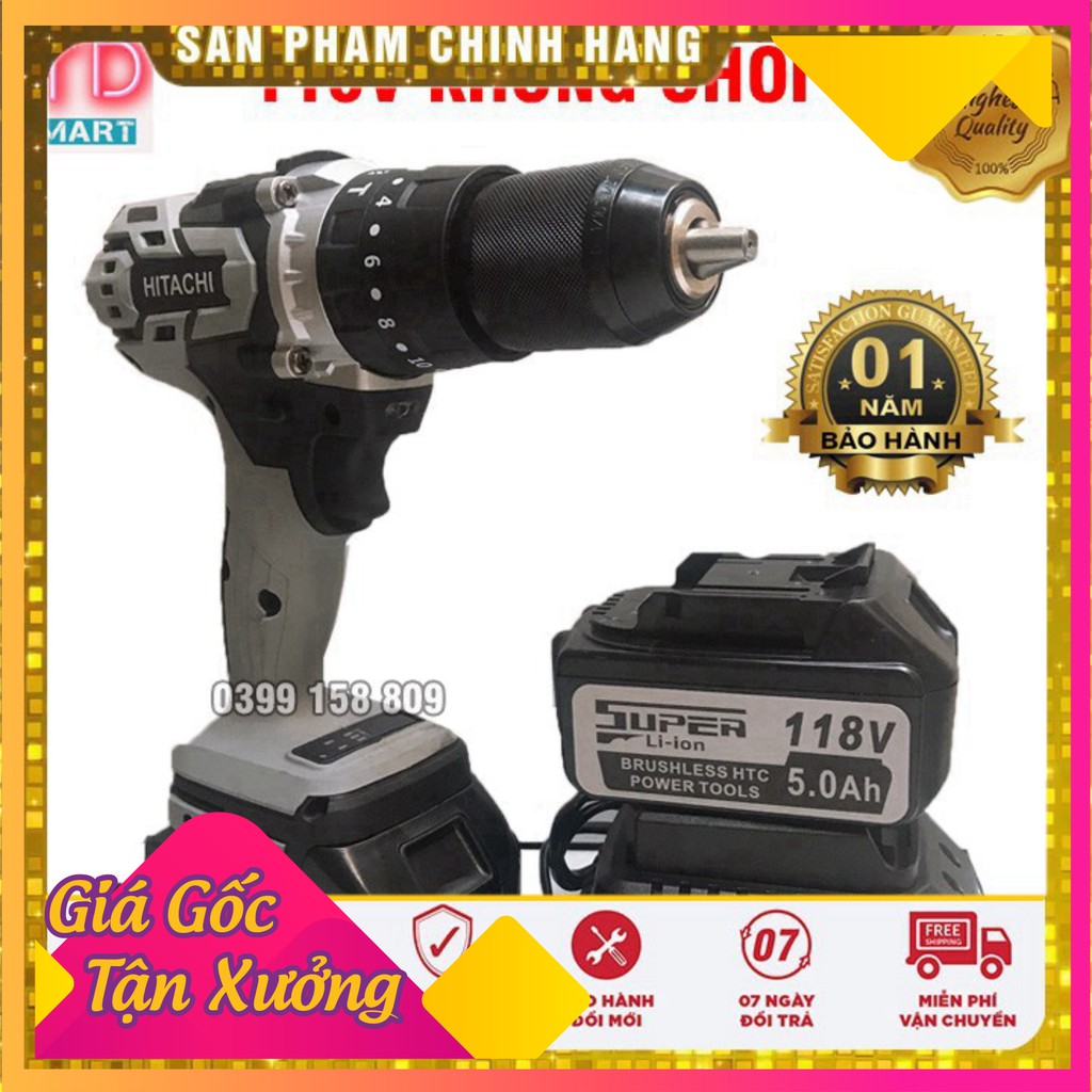 [ GIÁ HỦY DIỆT ]  Máy Khoan Pin HITACHI 118V Không Chổi Than, Pin 10CELL Tặng Mũi khoan bê tông và mũi vít