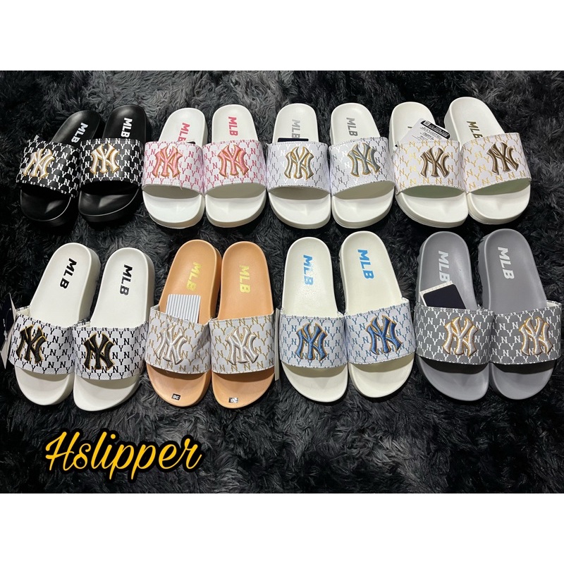 Dép quai ngang mlb unisex Luxury NY, Dép thời trang nam nữ MB NY white đế đúc