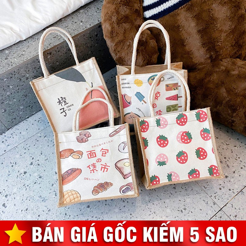 Túi Vải Mộc Quảng Châu Kiểu Cói Vinatge Hoa Quả Bánh P2031