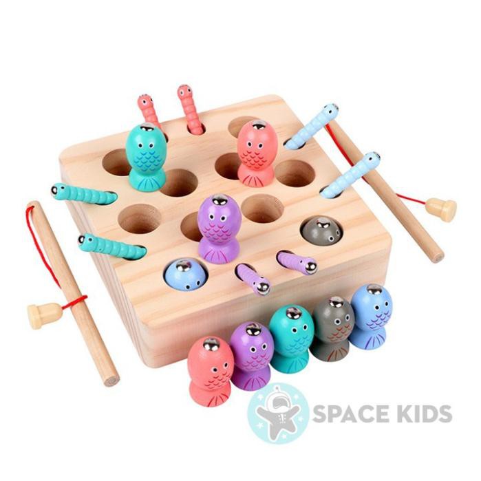 Đồ chơi gỗ câu cá, bắt sâu đế vuông nhiều màu sắc cho bé - Space Kids