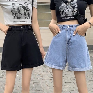 Quần short jean nữ ống rộng Nút Hông Ulzzang màu đen xám