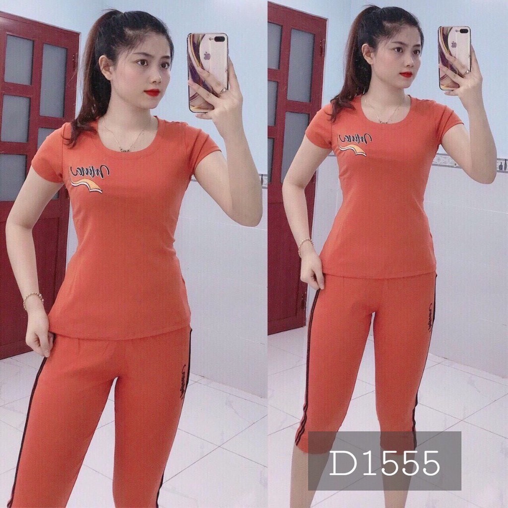 Set bộ quần áo nữ lửng mặc nhà logo thêu sọc thun cotton co giãn 4 chiều 155/ Có size XXL