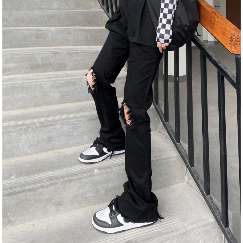 Quần jean iMaodou dài ống loe màu đen phối vết rách phong cách retro Mỹ