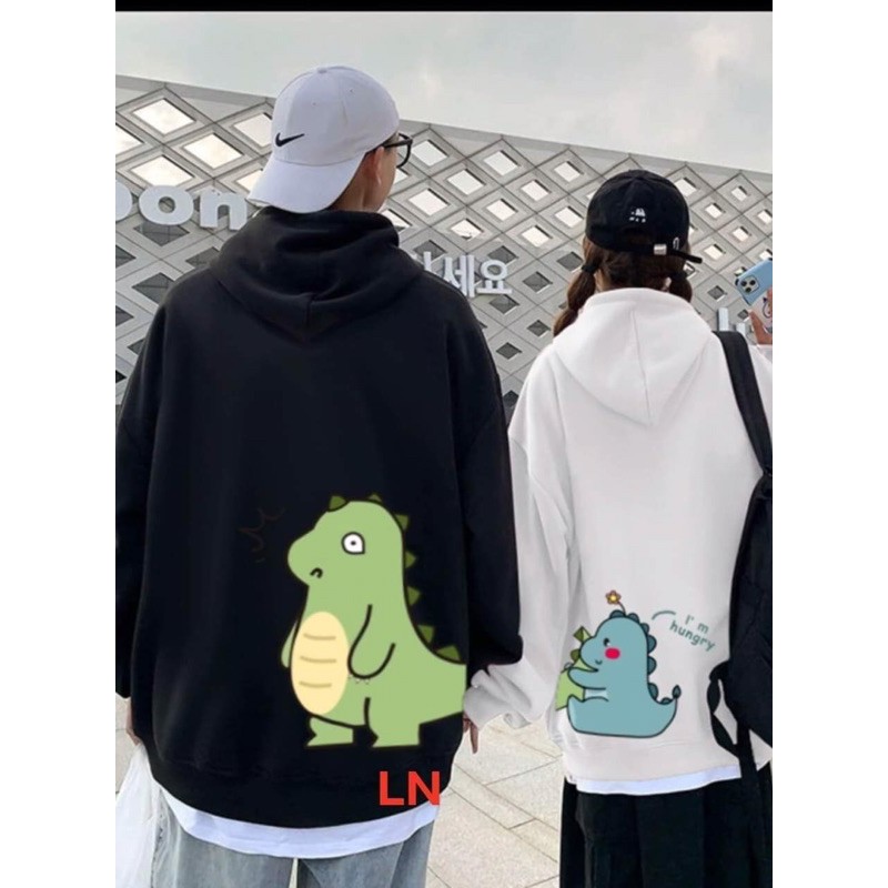 set 2 áo đôi hoodie khủng long cắn đuôi mắt tim