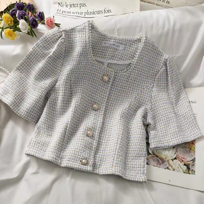 Sẵn/order Áo dạ Tweed nữ crotop kiểu Hàn quốc vải tuýt xinh xắn cúc ngọc tay ngắn sang chảnh tiểu thư có video thật
