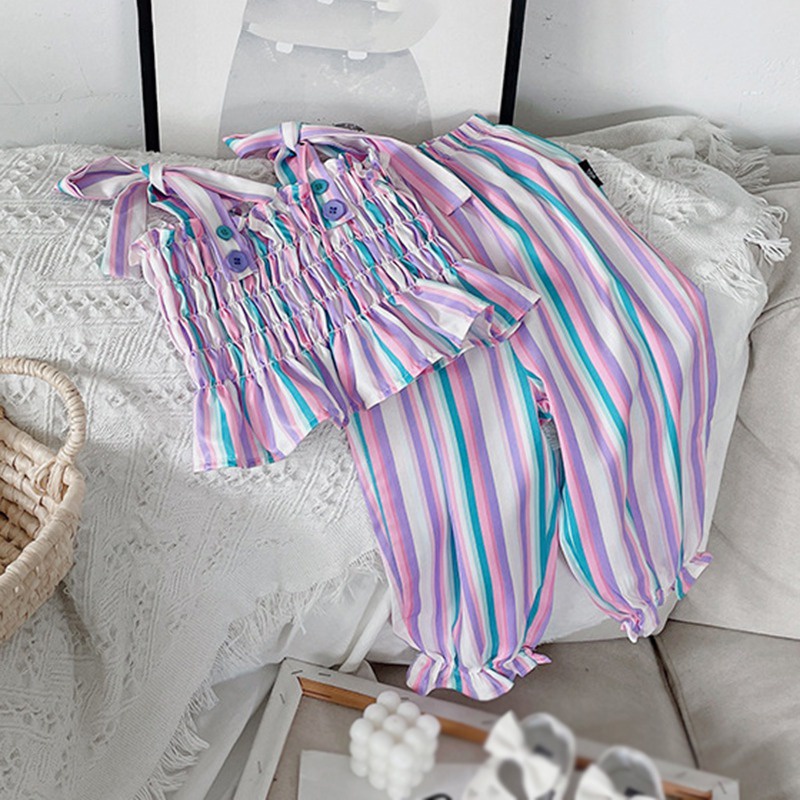 Bộ Áo Sát Nách Kẻ Sọc + Quần Dài Thời Trang Mùa Hè Cho Bé Gái Se7en