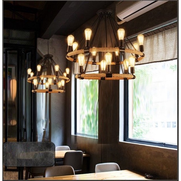 Đèn Chùm Dây Thừng 2 Tầng 14 Bóng Led Edison ST64, Đèn Chùm Thả Phòng Khách Giá Tốt