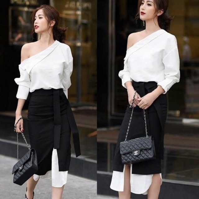 Set áo sơ mi chéo vai phối chân váy cột eo sang chảnh phong cách