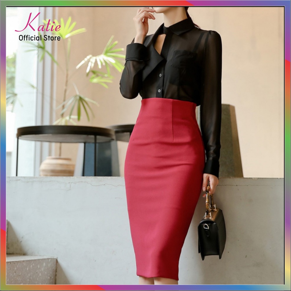 Chân Váy Công Sở Dài Qua Gối Màu Đỏ Đô  63cm Katie Váy Bút Chì BigSize 40 đến 80kg Co Giãn 4 Chiều Không Cần Ủi Cv888