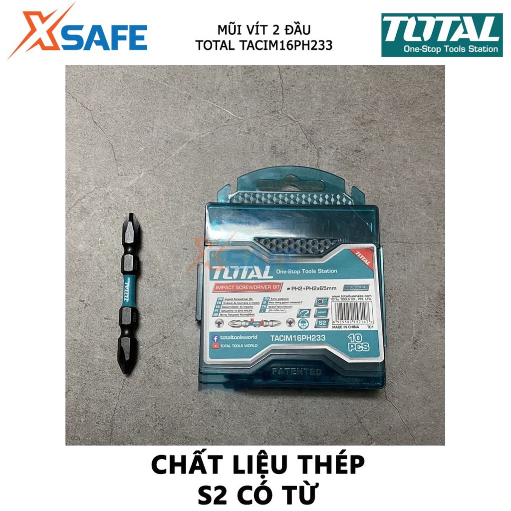 Bộ mũi bắt vít 2 đầu có từ TOTAL TACIM16PH233 | bộ 10 mũi siết vít PH2+PH2x65mm thép công nghiệp S2 tháo, siết vít nhanh