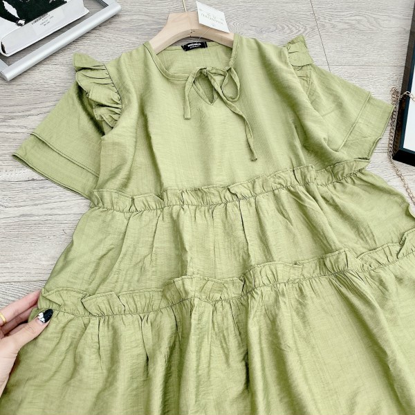 Váy babydoll xanh cổ V phối dây chạy bèo rúm tầng ulzzang tiểu thư  Chất đũi tơ xước QC mềm đẹp nữ