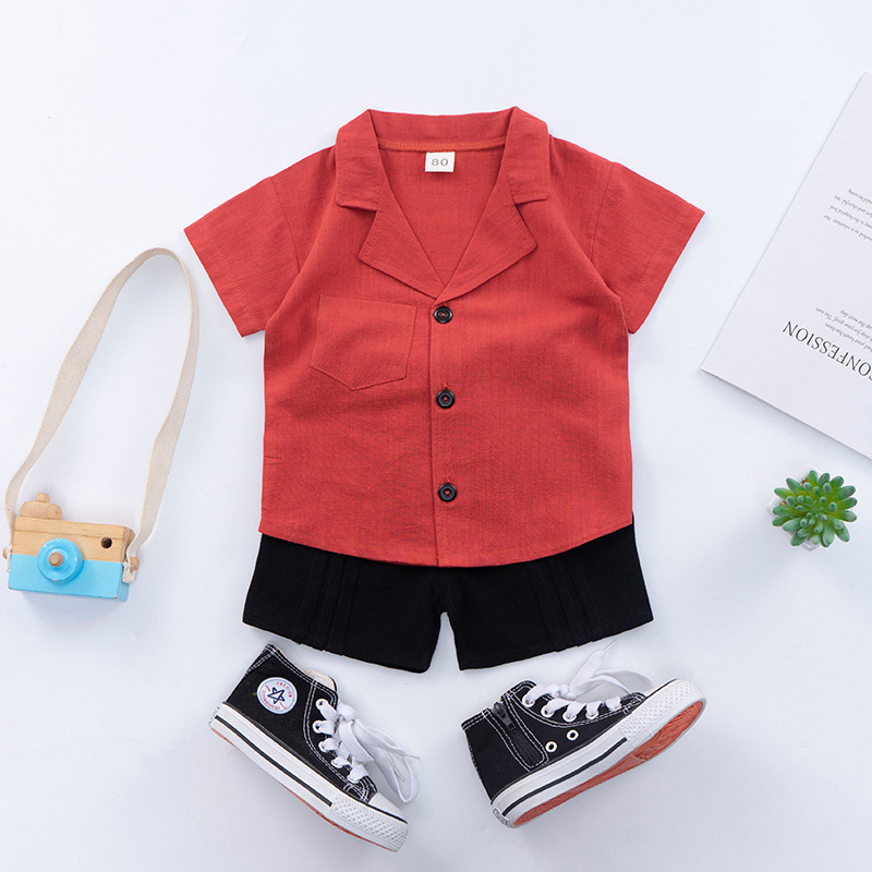 Bộ đồ hai mảnh gồm áo sơ mi tay ngắn và quần đùi vải cotton màu trơn thời trang Hàn Quốc cho bé trai và bé gái 1-6 tuổi