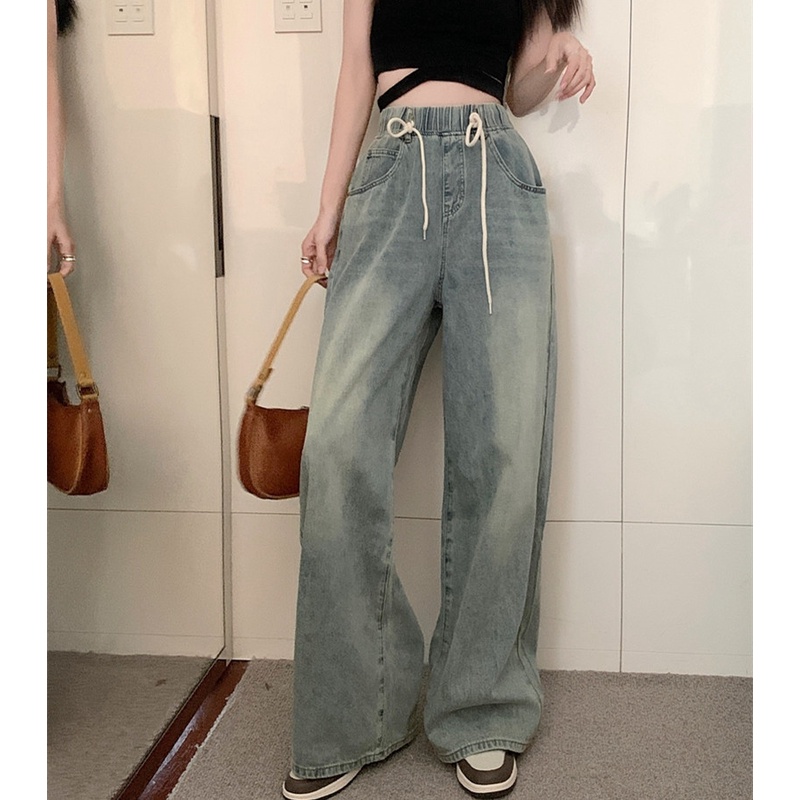 Quần Jean Nữ Ống Rộng Lưng Cao Co Dãn Tốt Hợp Thời Trang