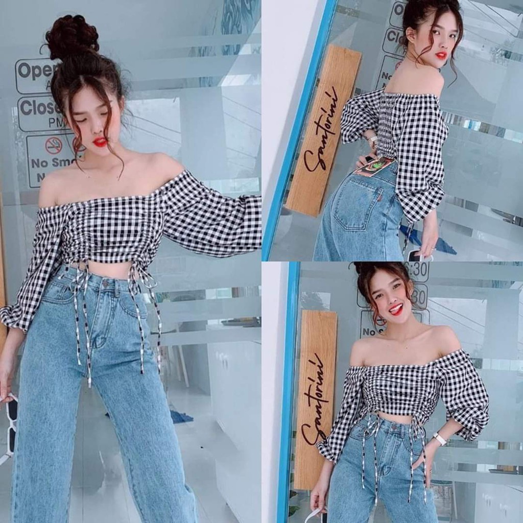 ÁO CROPTOP KẺ TRỄ VAI - ÁO CARO RÚT DÂY ULZZANG