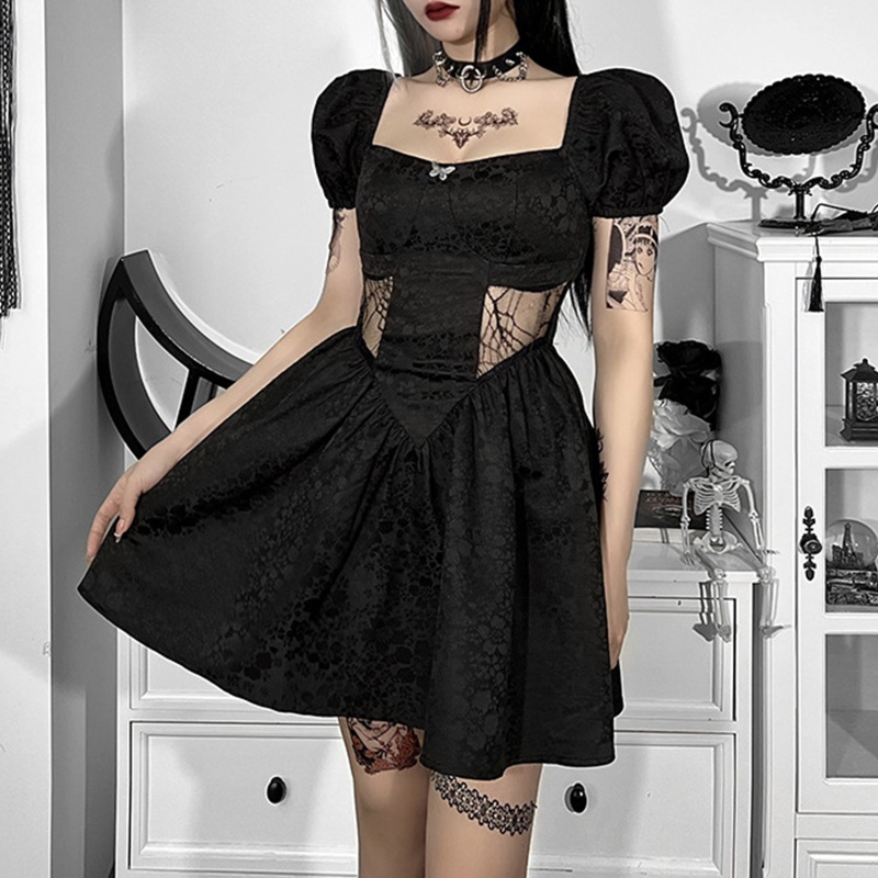 Đầm Chữ A Tay Ngắn Phồng Cổ Vuông Phối Ren Eo Cao Màu Đen Phong Cách Gothic Quyến Rũ Cho Nữ