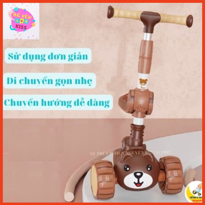 Xe trượt Scooter Gấu Có Nhạc Và Đèn Phát Sáng Xe Scooter Cho Bé Đa Năng Hàng Cao Cấp