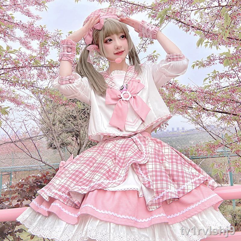 ▥❏▤Một nhóm mèo đóng hộp có tiền đặt cọc Lolita Sakura bộ quần áo của bài hát gốc màu hồng váy ngắn tay ngọt n