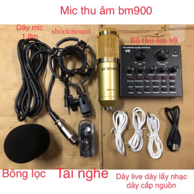 [Freeship toàn quốc từ 50k] Bộ thu âm đơn giản soundcard v8 quốc tế với mic thu âm woachang Bm900 tặng tai AKG (3 món)