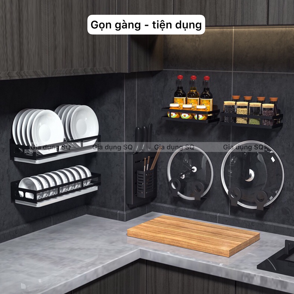 Bộ kệ nhà bếp dán tường inox Sơn tĩnh điện màu đen gồm kệ gia vị, kệ chén, giá để dao, kệ để thớt, móc treo muỗng | BigBuy360 - bigbuy360.vn