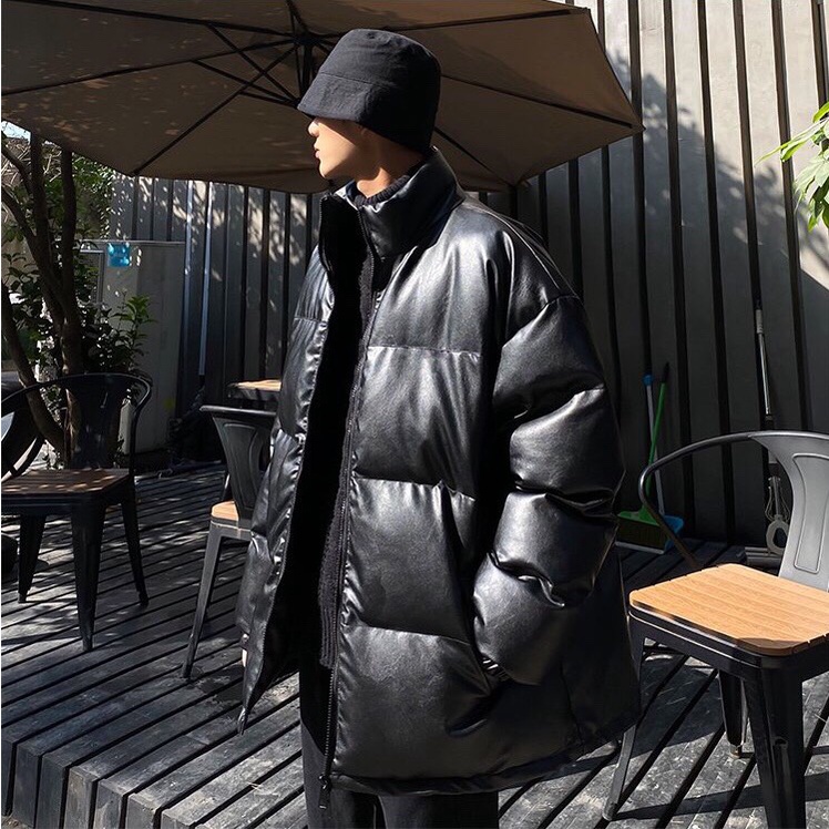 Áo Khoác phao Da PU Đệm Cotton Phong Cách Đường Phố Hồng Kông Thời Trang Mùa Đông Cho Nam