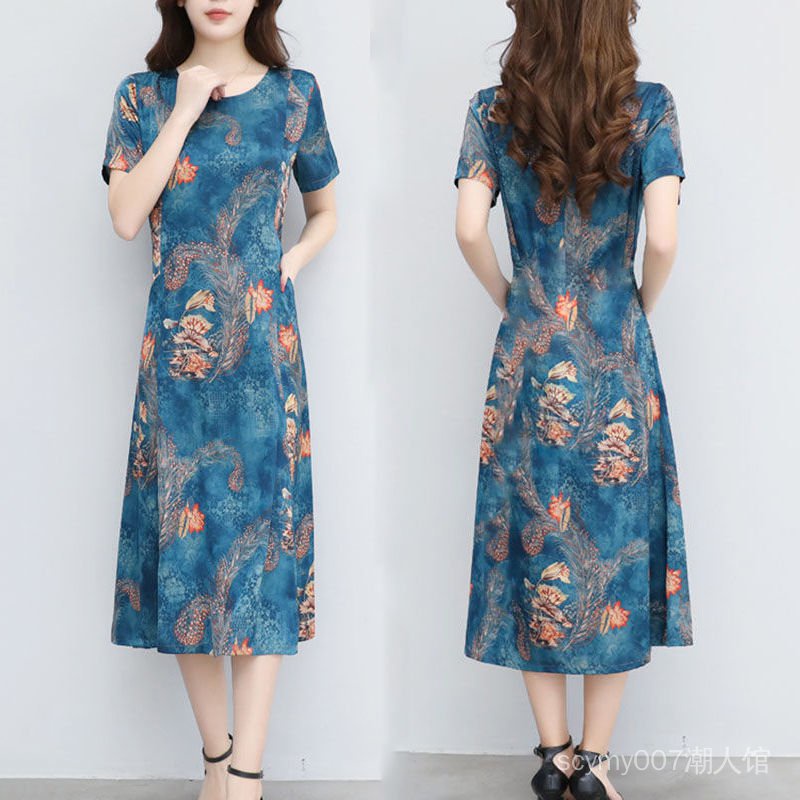 Đầm Dài Dáng Rộng Tay Lửng Phong Cách Retro Mùa Hè 2021 Cho Phụ Nữ Trung Niên