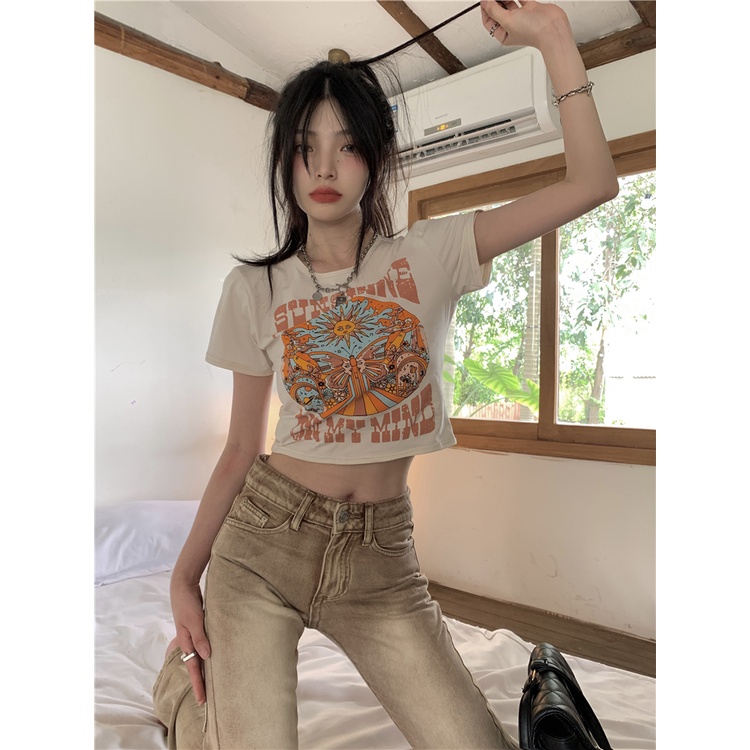 Áo Thun Ngắn Tay In Họa Tiết Phong Cách retro Mỹ Cho Nữ