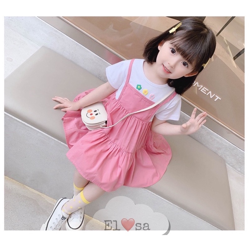 Váy bé gái - Váy giả yếm vải thô họa tiết 3 bông hoa siêu xinh cho bé 1-5 Tuổi