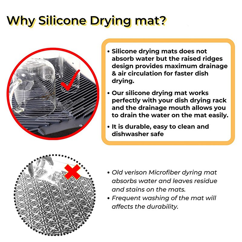 Thảm silicone lớn làm khô chén đĩa cho quầy bếp & 2 miếng lót silicone