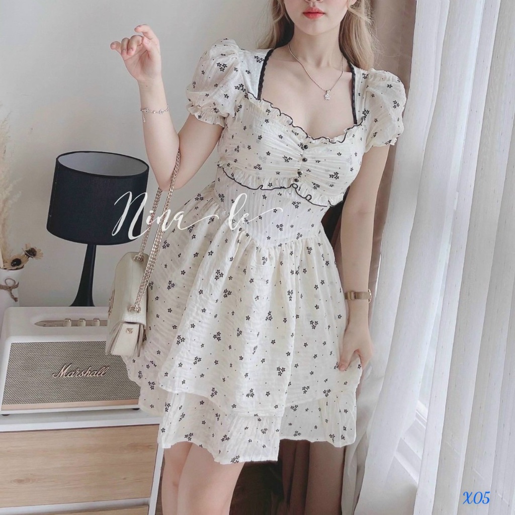 [Sale cuối tháng+ free ship] Đầm tiểu thư hoa nhí đi chơi với thiết kế tà xếp tầng có mút cực đẹp