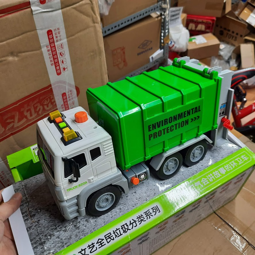 Mô hình xe ô tô chở rác có đèn và âm thanh nâng được thùng rác đồ chơi trẻ em mô hình tỉ lệ 1:12