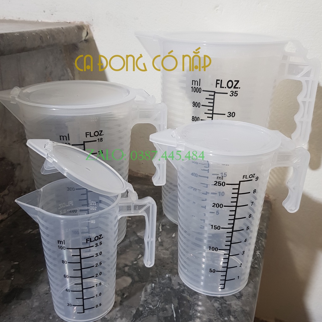 CA ĐONG (LY ĐONG) THỂ TÍCH BẰNG NHỰA CAO CẤP DUNG TÍCH 100CC 250CC 500CC 1000CC CÓ NẮP ĐẬY VỚI 2 BÊN VẠCH CHIA