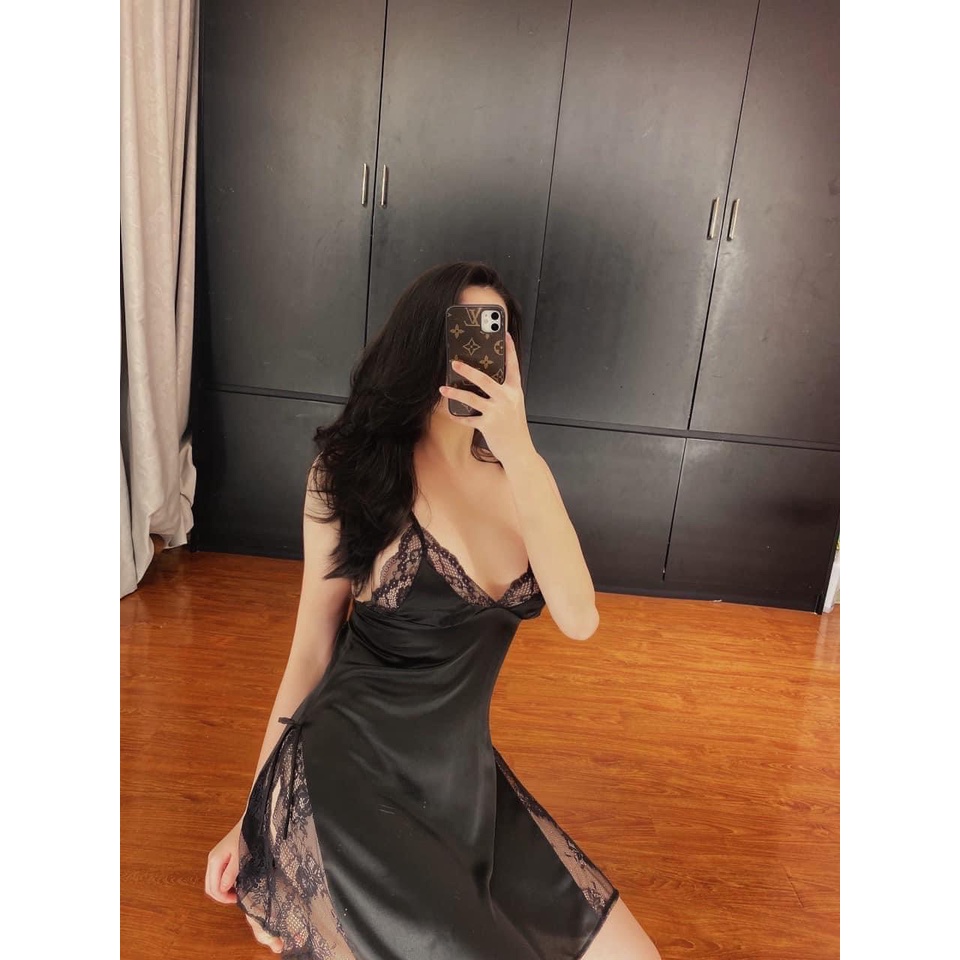 HT22 - Váy ngủ sexy lụa xẻ hông tặng CHÍP,Đầm ngủ lụa gợi cảm,Đồ ngủ 2 dây quyến rũ hàng Quảng Châu #22