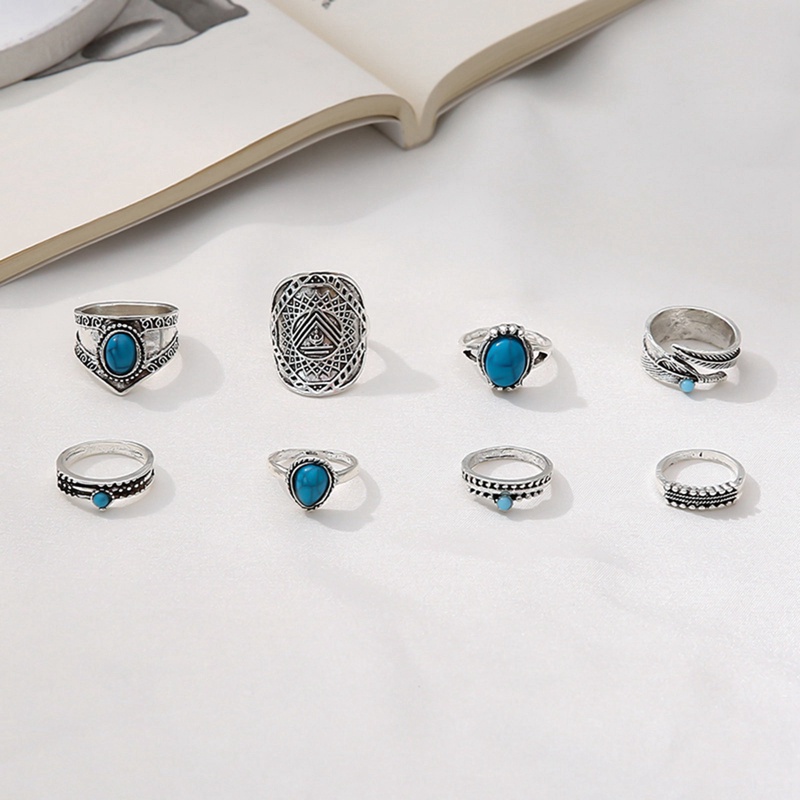 Set 8 Nhẫn Bạc Nhiều Màu Sắc Phong Cách Bohemian Cổ Điển Dành Cho Nam Và Nữ