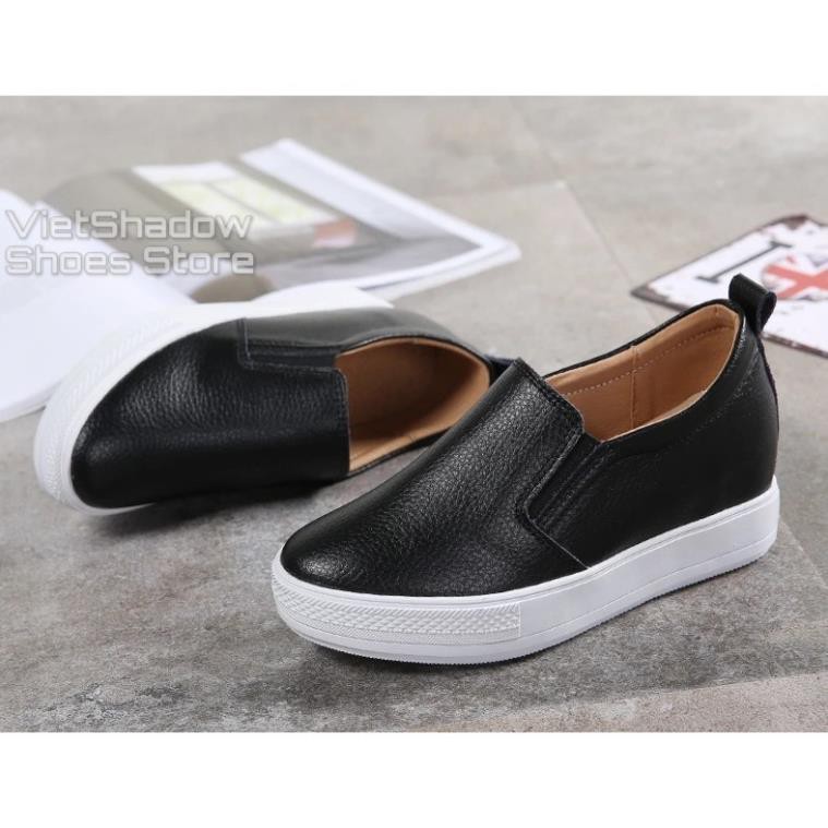 Slip on da nữ đế xuồng - Giày lười da nữ độn đế - Chất liệu da bò màu (trắng) và (đen) - Mã SP: 9909 -b11