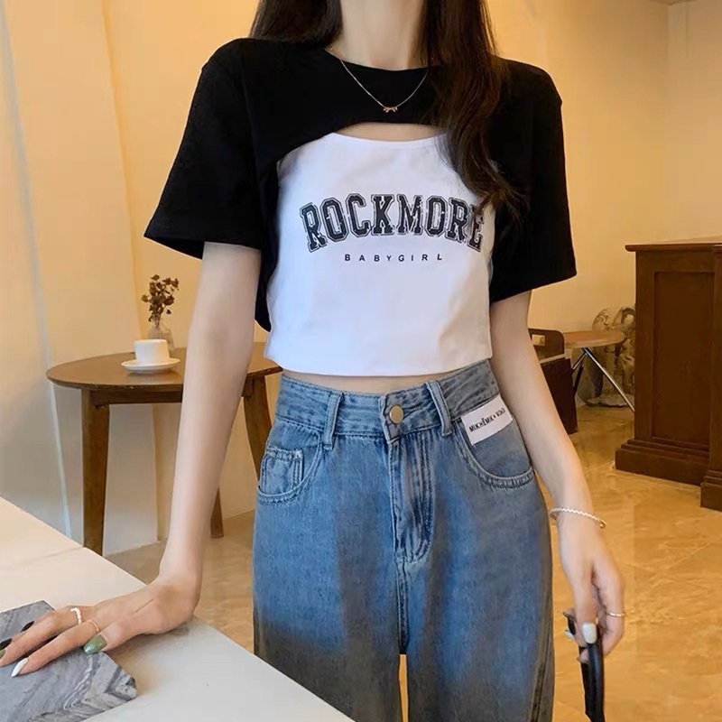 sét áo croptop khoét ngực cá tính in chữ cực đẹp roc1 chất thun gân