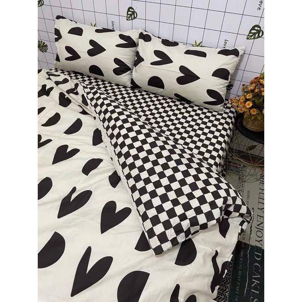 Bộ Chăn Ga Gối Cotton 3D poly trái tim nhiều màu sắc phong cách Hàn Quốc cotton mềm mịn mát tặng kèm vỏ gối ôm cùng bộ
