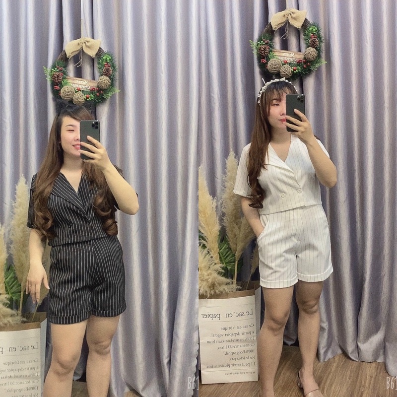 [ Shop bigsize nữ ] Set áo vest croptop phối quần short/đùi chất vải kate sọc #setvestbigsize 60-90kg đen/trắng