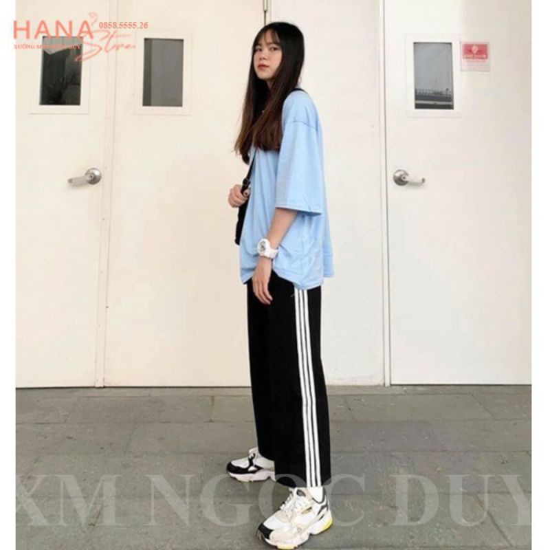 Quần thể thao 3 sọc nữ ống rộng viền kẻ sọc trắng có dây rút kéo - Quần thể thao ống rộng nữ chất vải Umi đi học thể dục