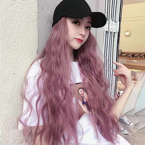 Tóc giả xoăn dài phối mũ lưỡi trai màu lì hợp thời trang