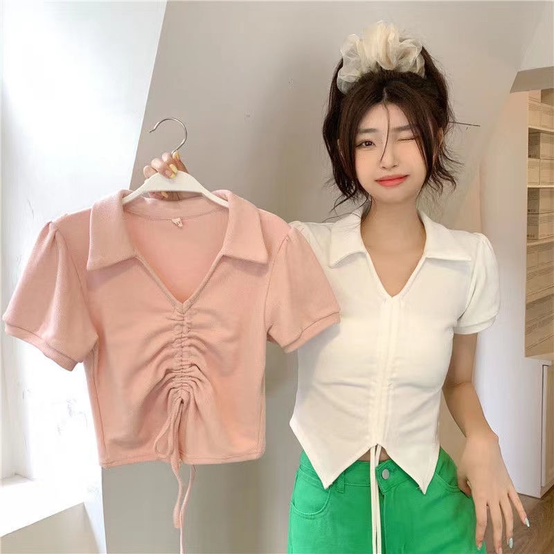 Áo polo Tay Ngắn Phồng Phối Ren Dây Rút Thời Trang Mùa Hè Cho Nữ