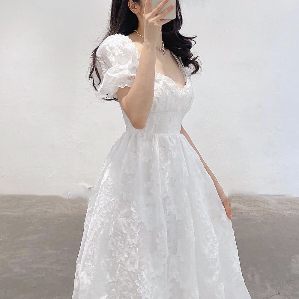 ĐẦM MIDI HOA NỔI VIỀN BÈO NGỰC TRẮNG - DA2598