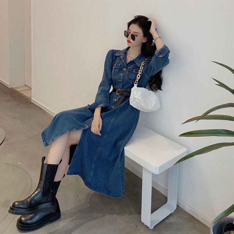 Đầm Denim Dáng Chữ a Tay Dài Ôm Eo Phong Cách Cổ Điển Thời Trang Mùa Xuân Mới 2022