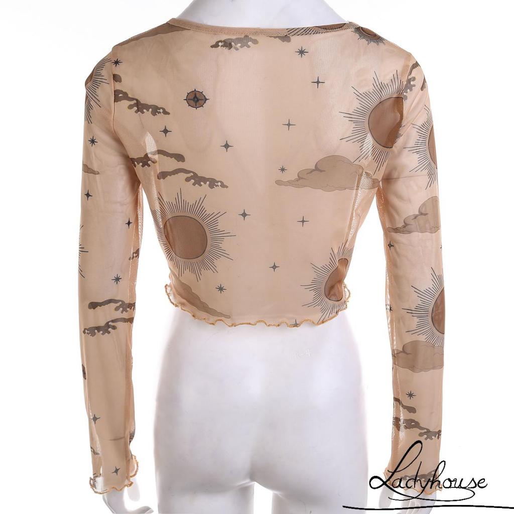 Áo Croptop Tay Dài Cổ Tròn Vải Lưới Xuyên Thấu In Họa Tiết Thời Trang Mùa Hè Cho Nữ