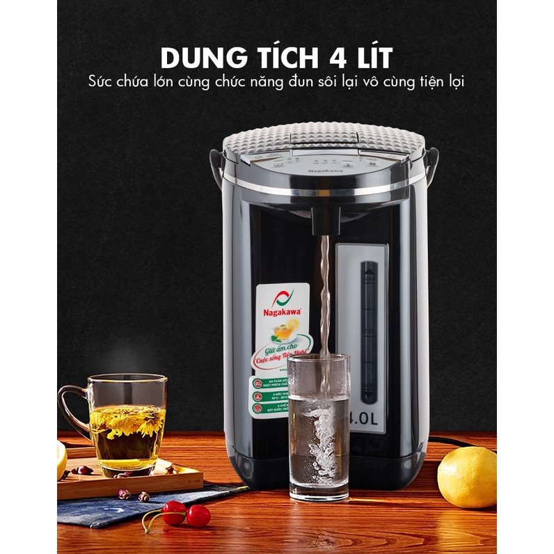 Bình thủy điện 4L Nagakawa NAG0404- Hàng chính hãng-Công suất 750W, đun sôi nhanh, có thang đo mức nước